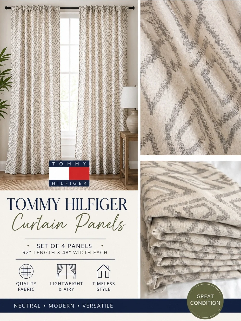 Tommy Hilfiger Cream and Light Gray Geometric Curtain Panels